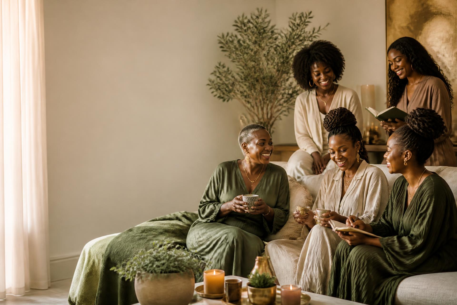 Black women of many ages gathered in a warm living room, laughing, journaling and sharing tea